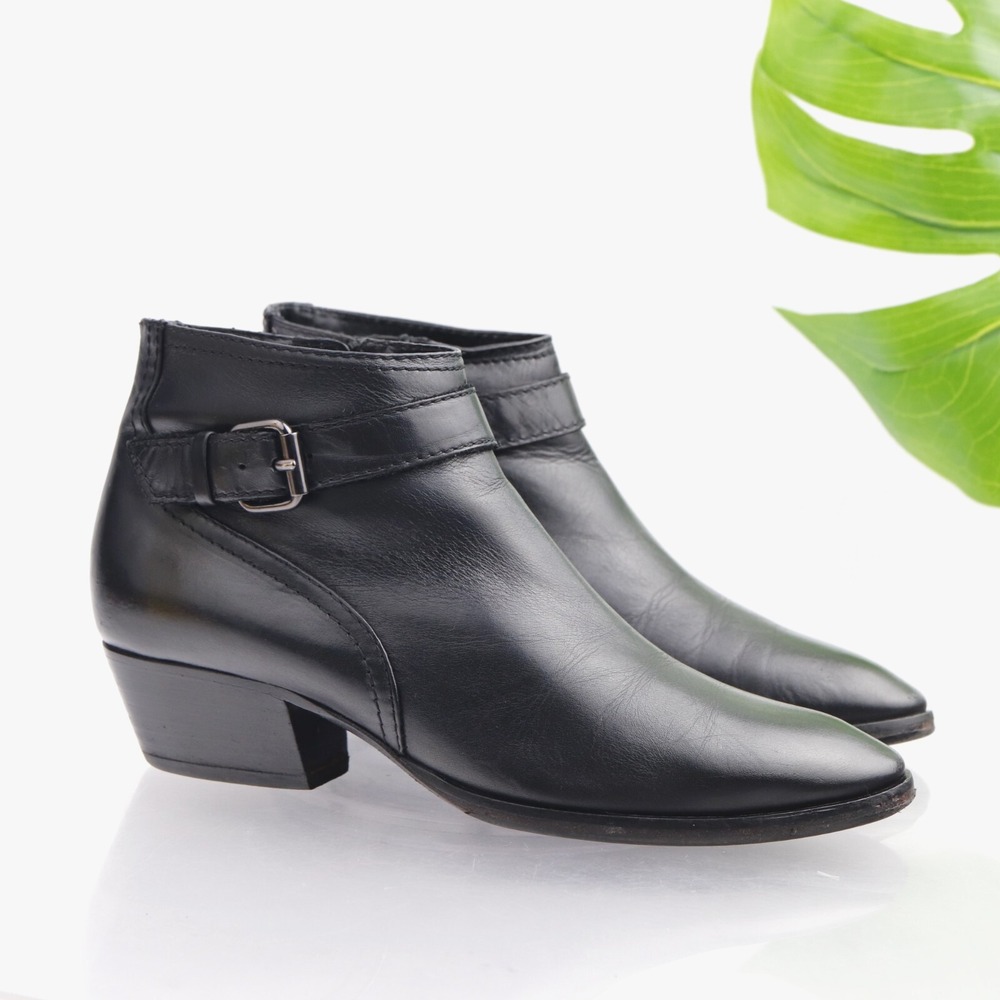 Aquatalia Womens Fanny Boot Size 7.5 Black Leather Waterproof Buckle Heel Bootie